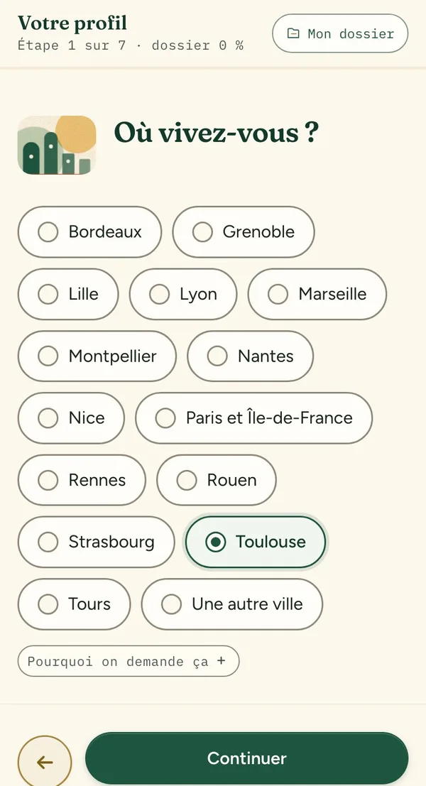 L'écran du dossier : « Où vivez-vous ? »